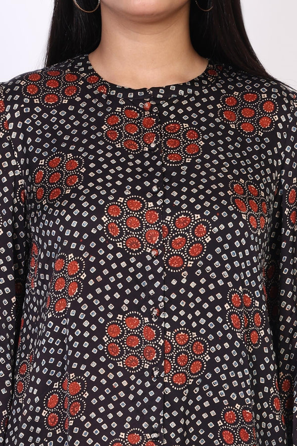 Navy Blue Floral Print Straight Modal Satin Top