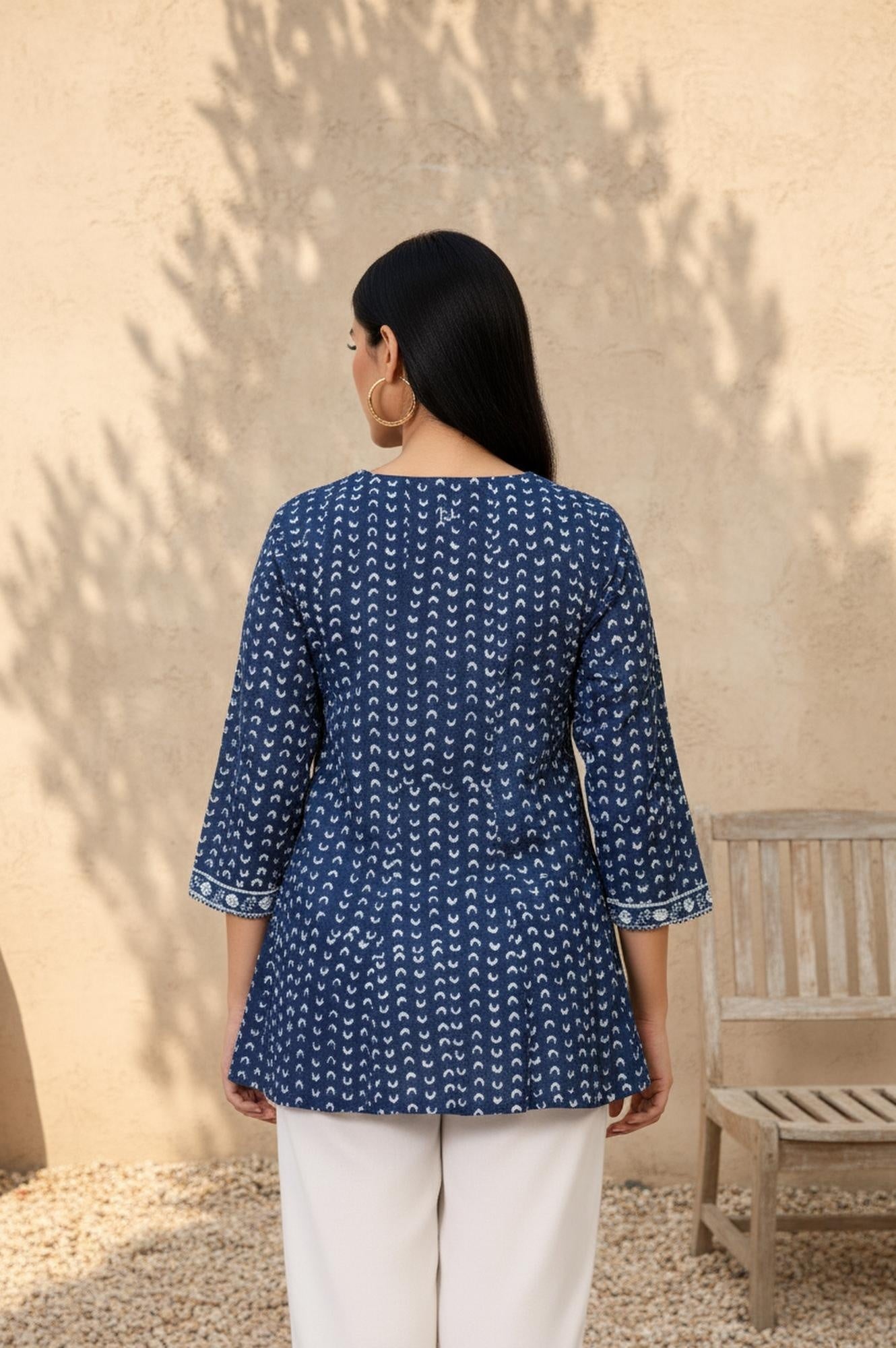 Blue Geometric Thread Work Flared Cotton Top