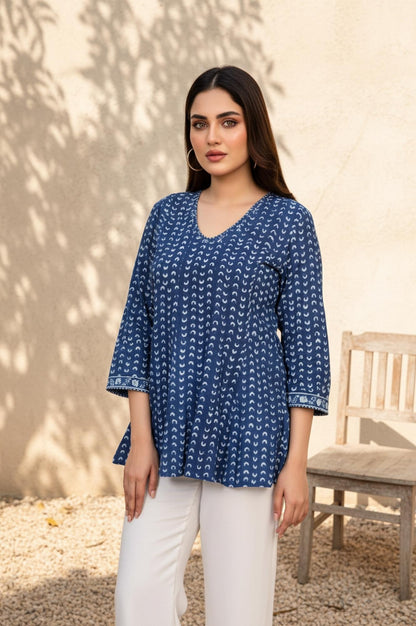 Blue Geometric Thread Work Flared Cotton Top
