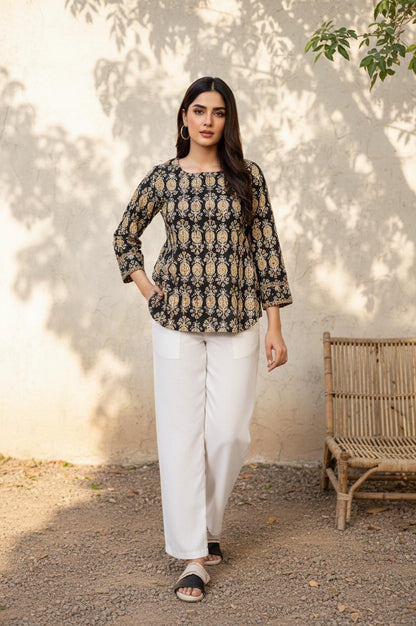 Black Floral Print A-Line Cotton Top