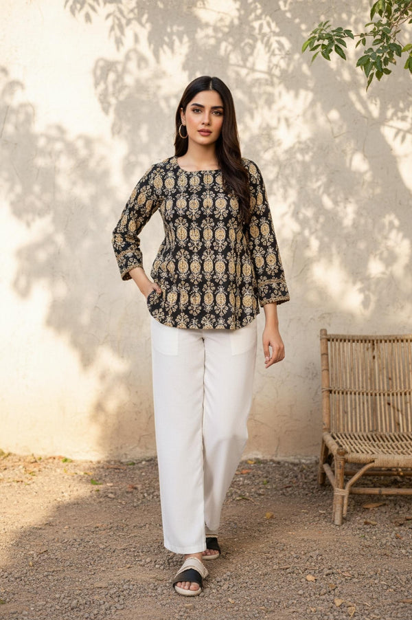Black Floral Print A-Line Cotton Top