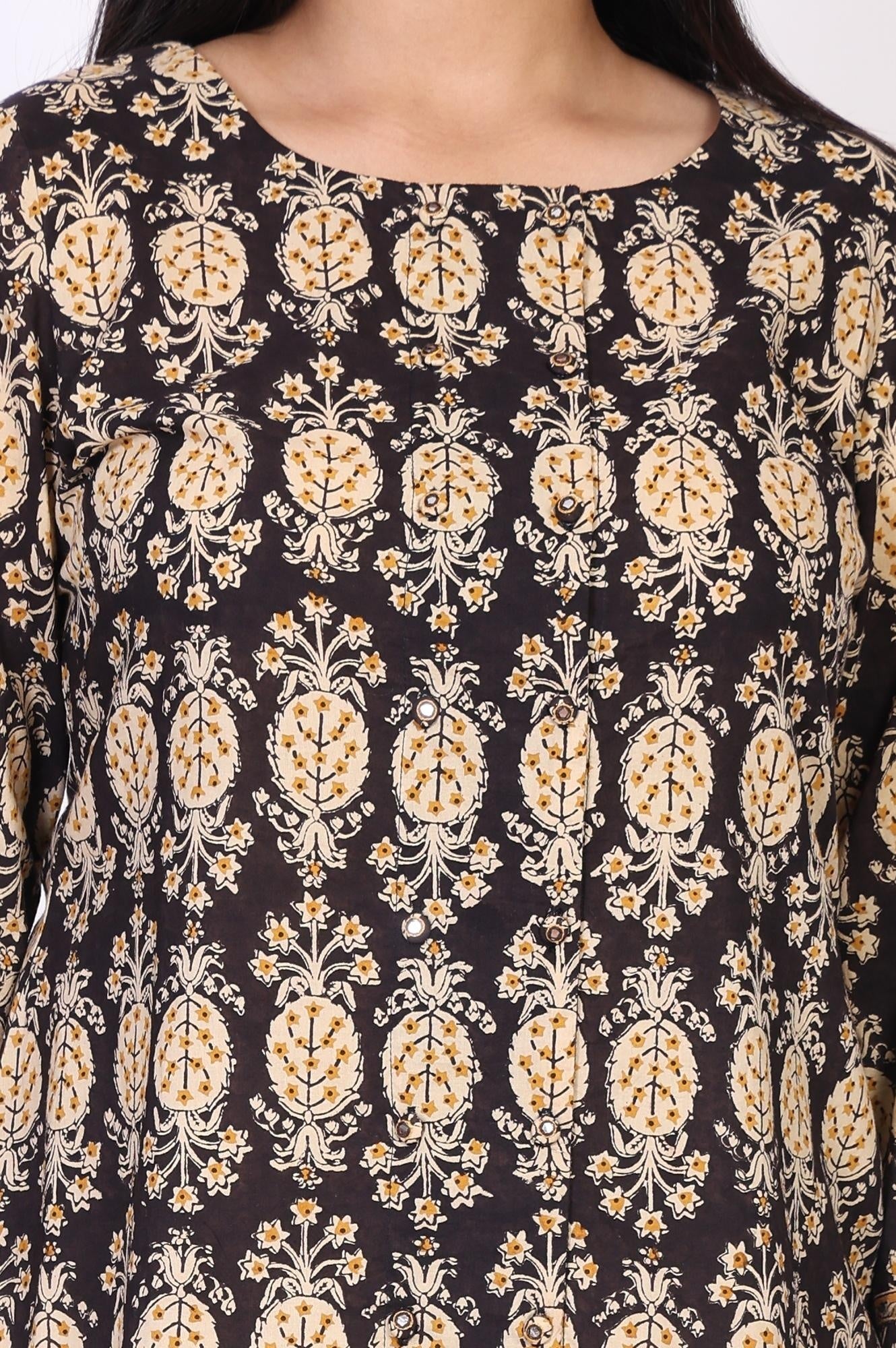 Black Floral Print A-Line Cotton Top