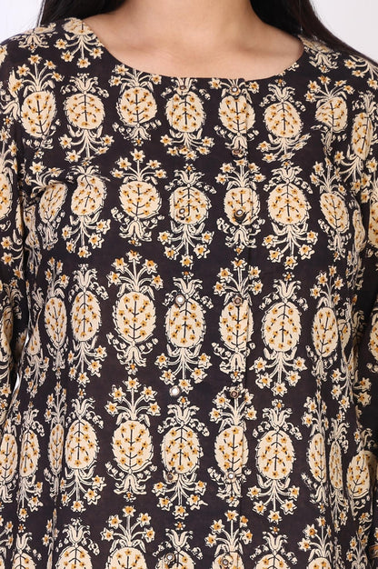 Black Floral Print A-Line Cotton Top