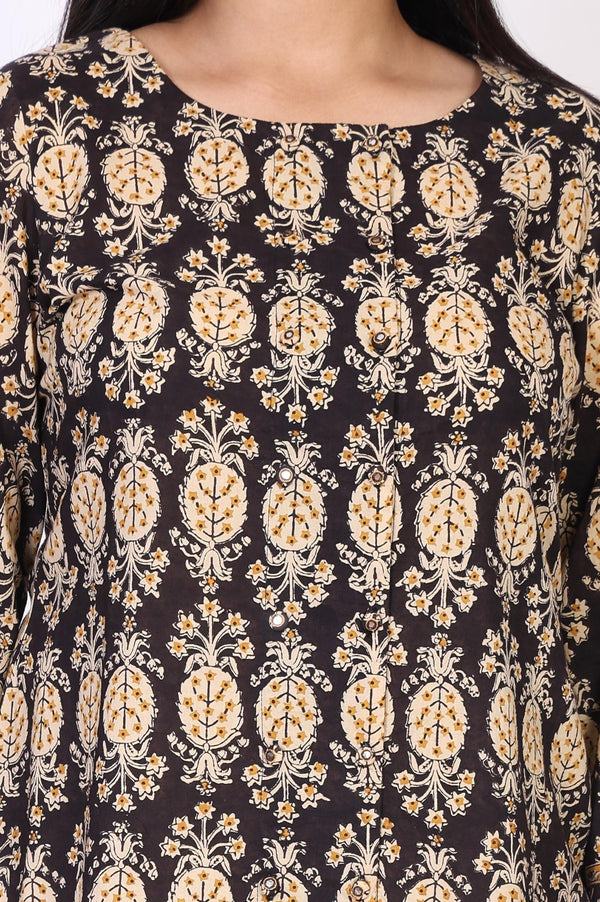 Black Floral Print A-Line Cotton Top