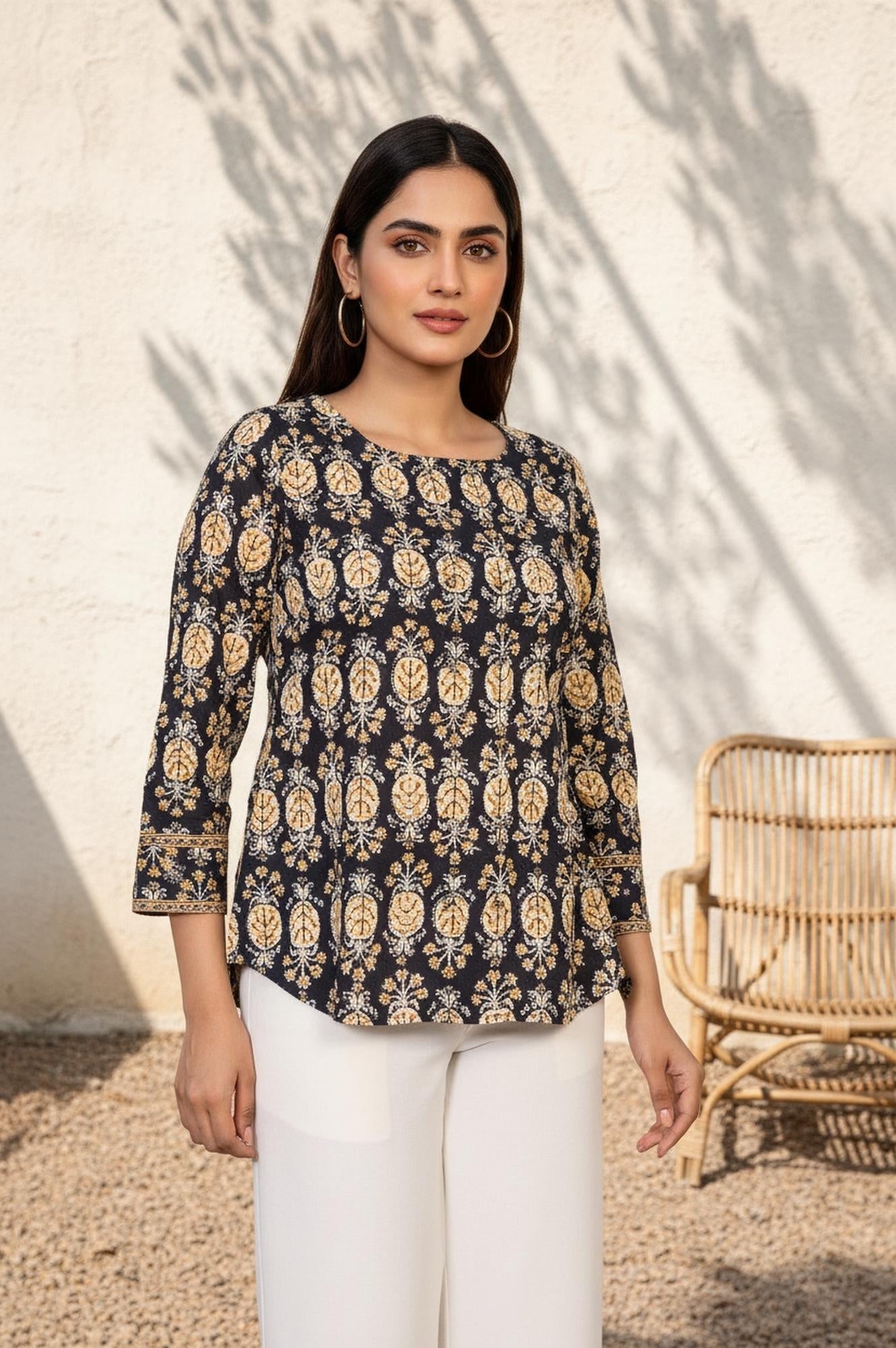 Black Floral Print A-Line Cotton Top