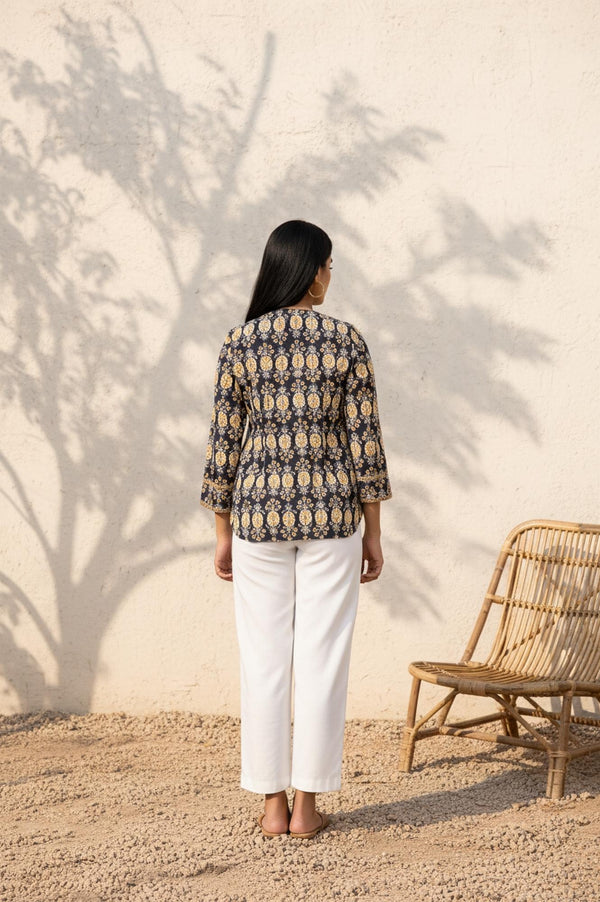 Black Floral Print A-Line Cotton Top