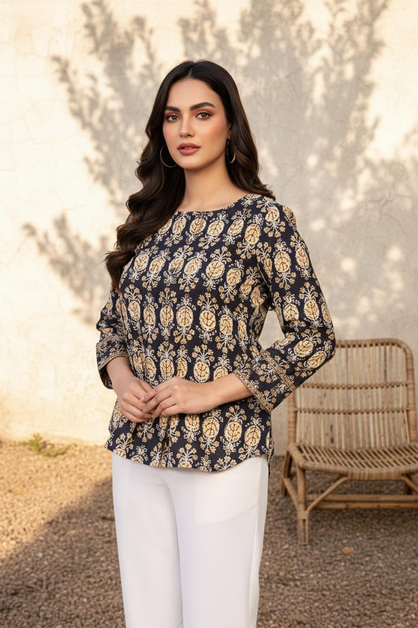 Black Floral Print A-Line Cotton Top