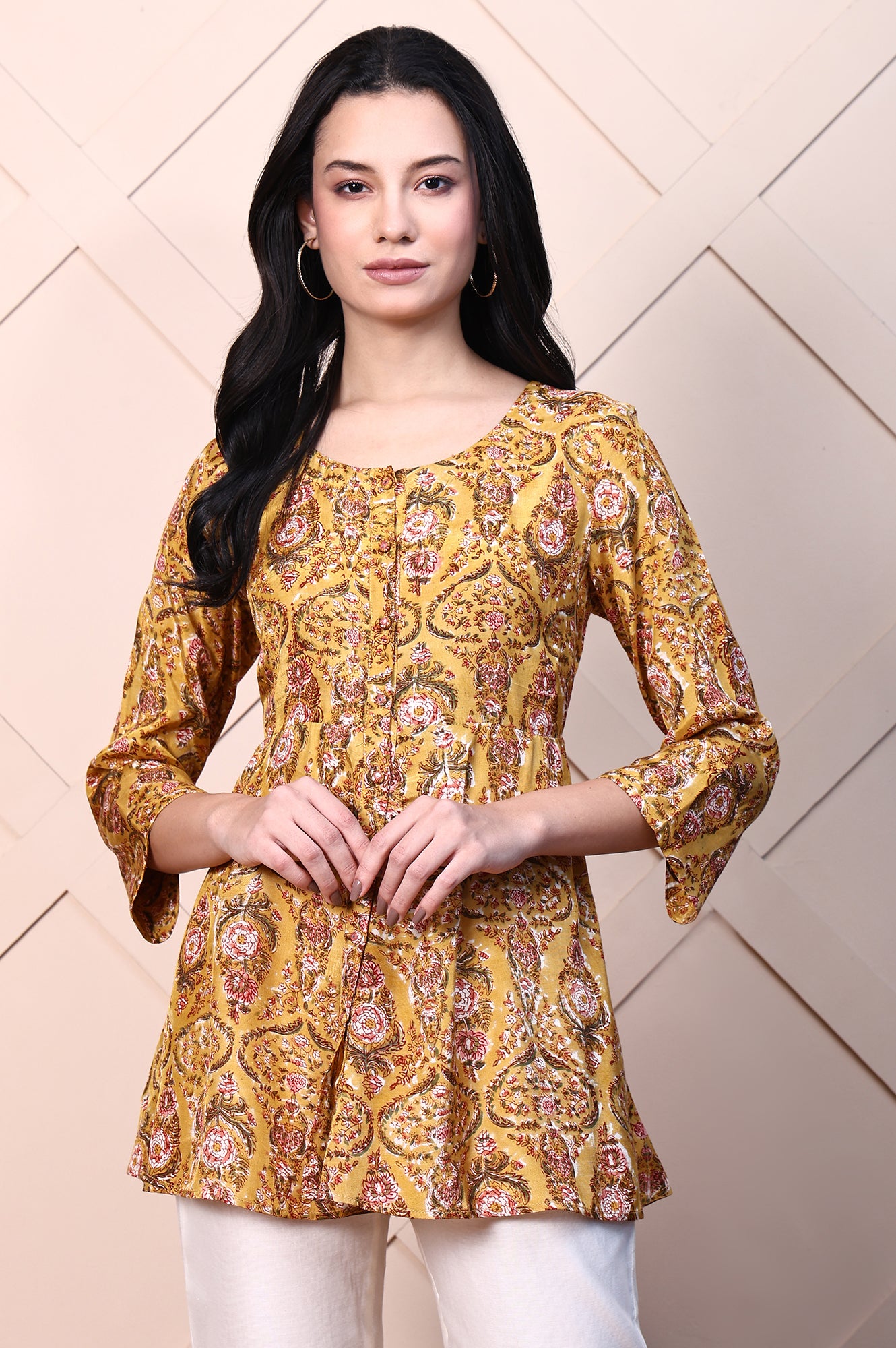 Mustard Yellow Block Printed Mirror Work Flared Top
