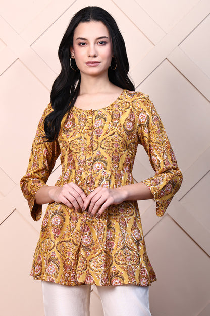 Mustard Yellow Block Printed Mirror Work Flared Top