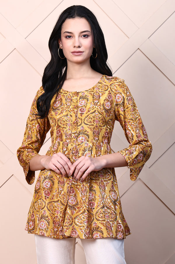 Mustard Yellow Block Printed Mirror Work Flared Top