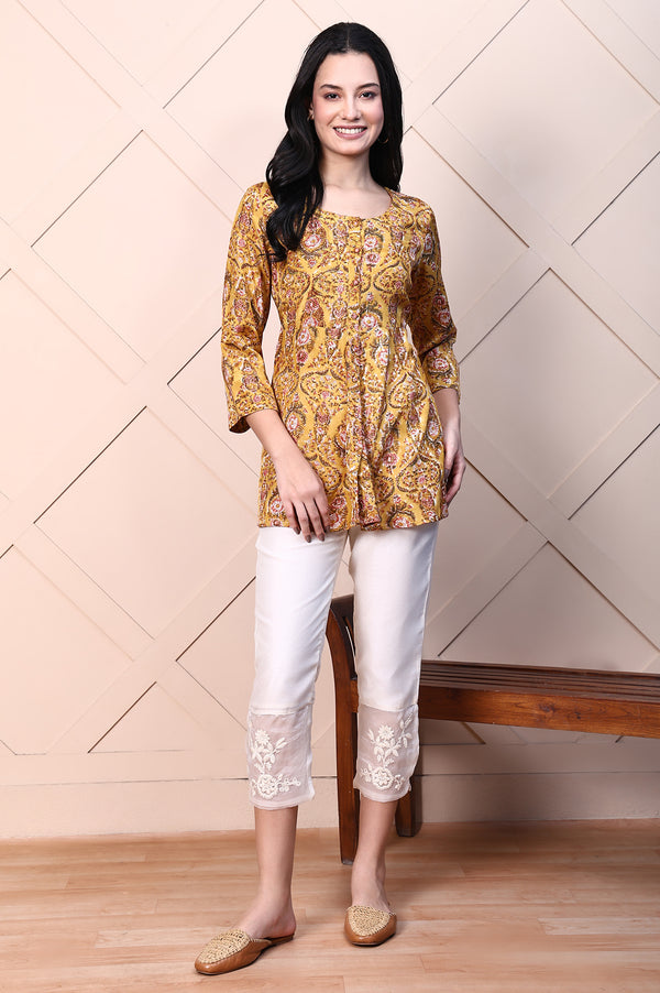 Mustard Yellow Block Printed Mirror Work Flared Top