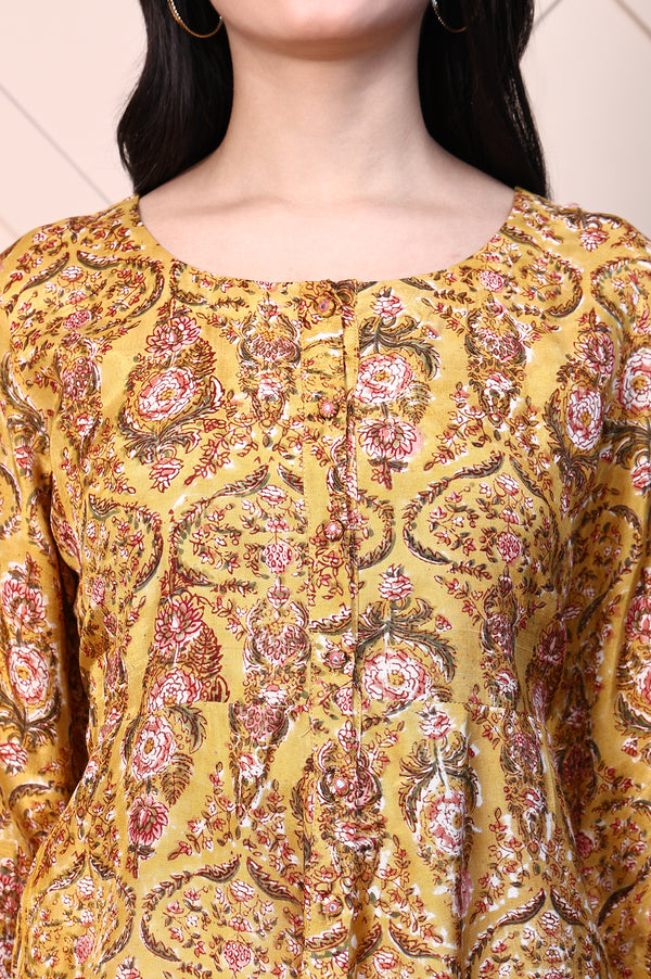 Mustard Yellow Block Printed Mirror Work Flared Top