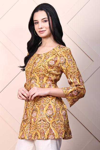 Mustard Yellow Block Printed Mirror Work Flared Top