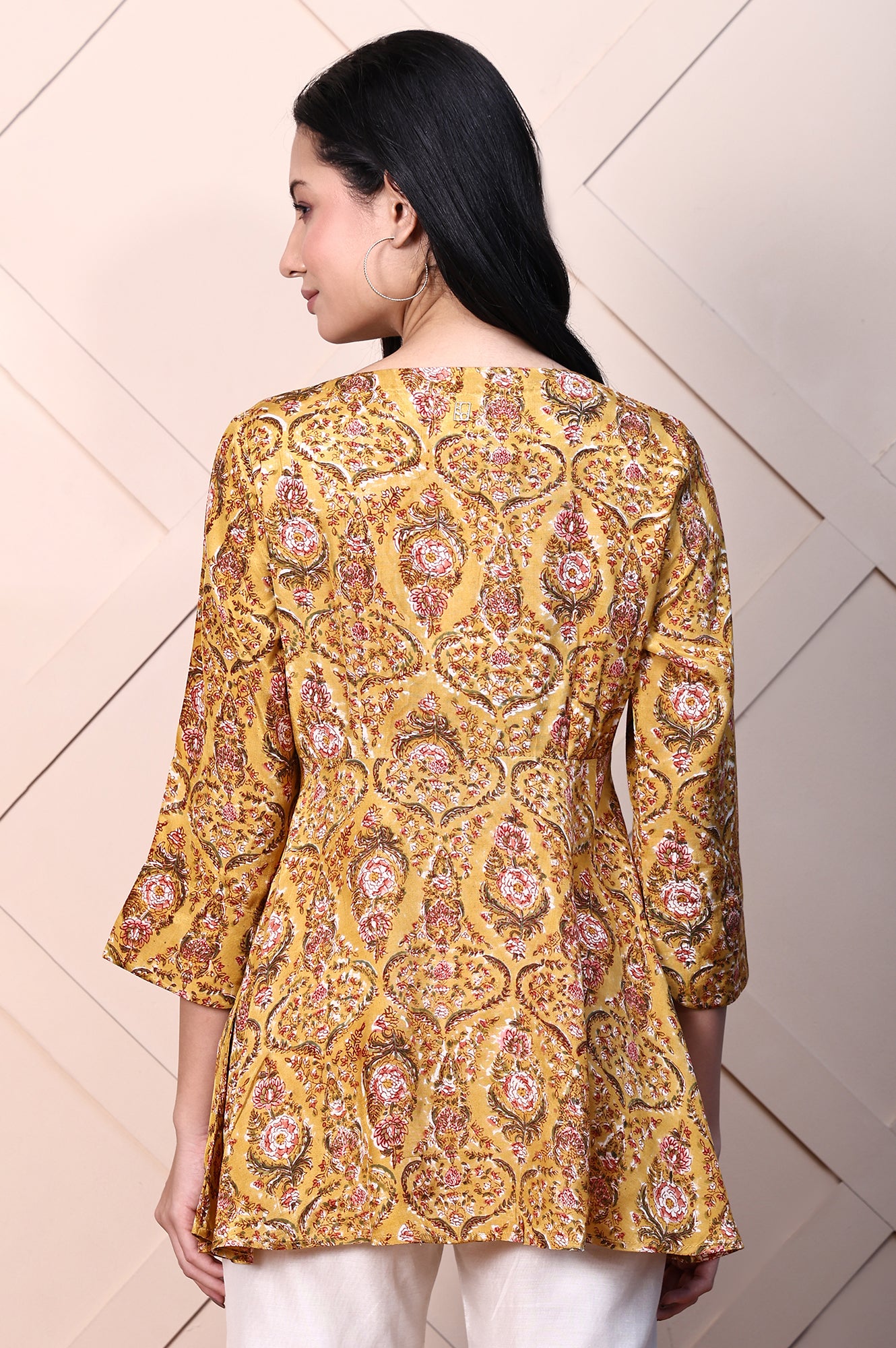 Mustard Yellow Block Printed Mirror Work Flared Top