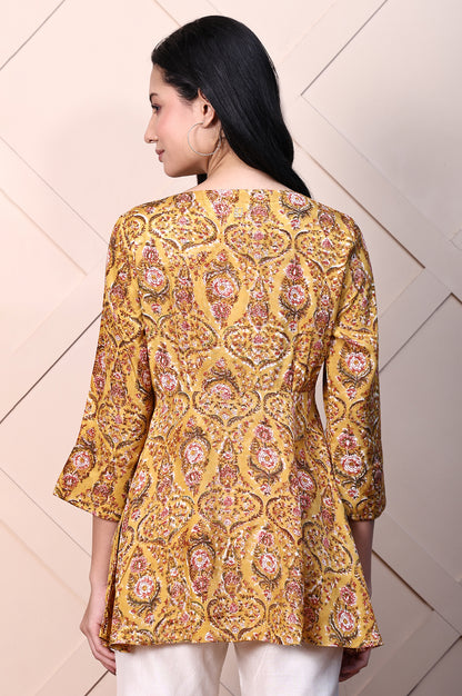Mustard Yellow Block Printed Mirror Work Flared Top