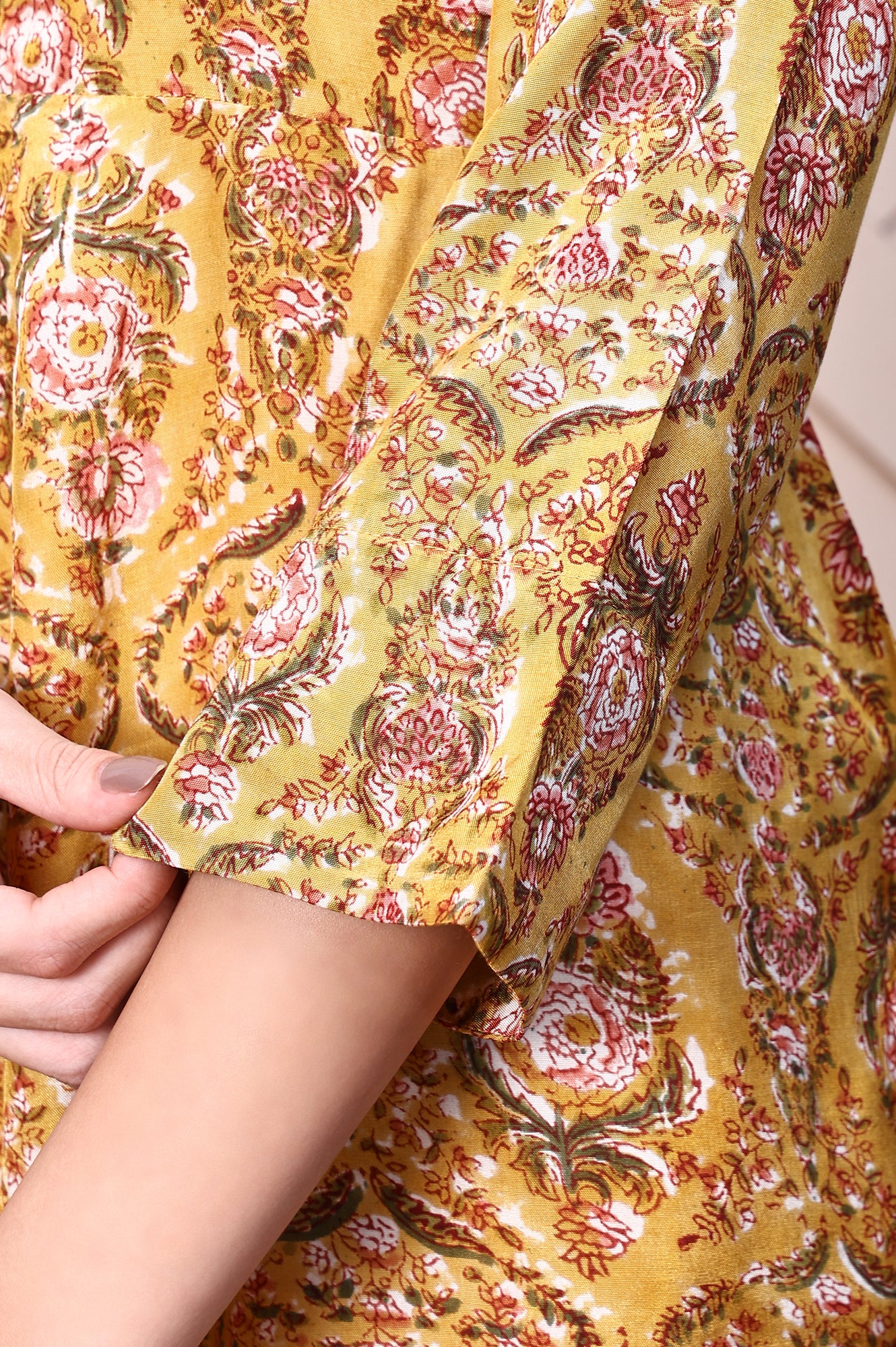 Mustard Yellow Block Printed Mirror Work Flared Top