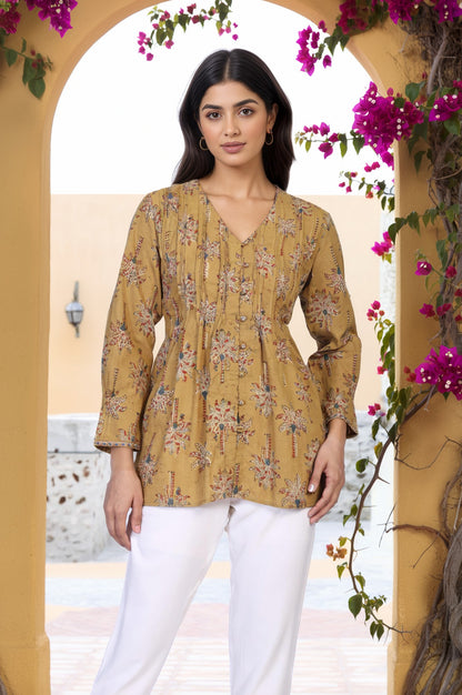 Yellow Botanical Kalamkari Print Mirror Work Straight Cotton Top