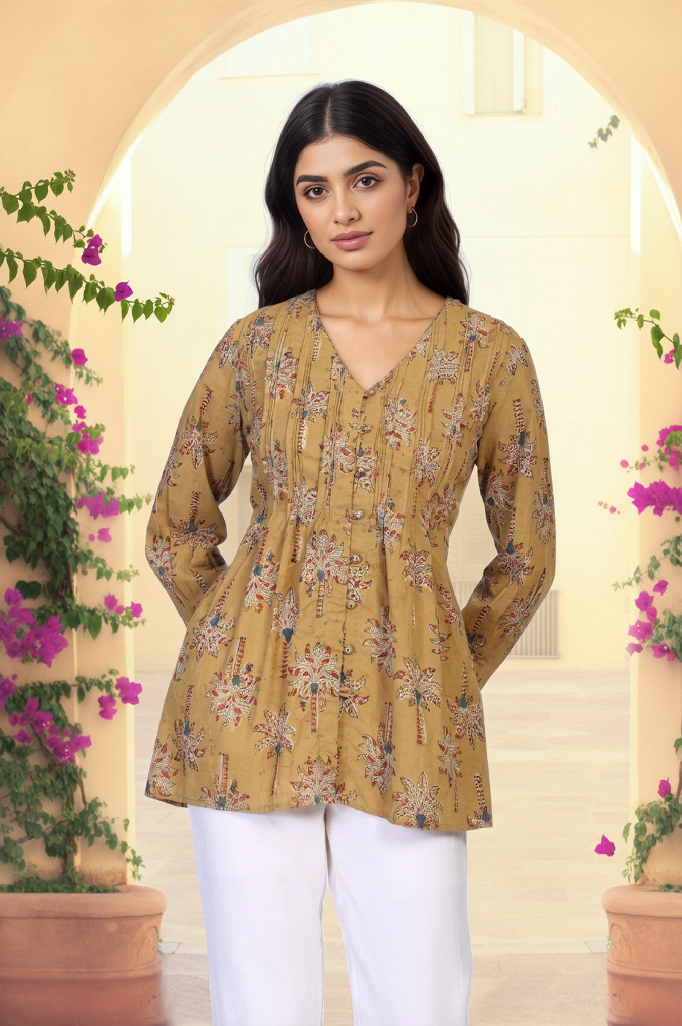 Yellow Botanical Kalamkari Print Mirror Work Straight Cotton Top