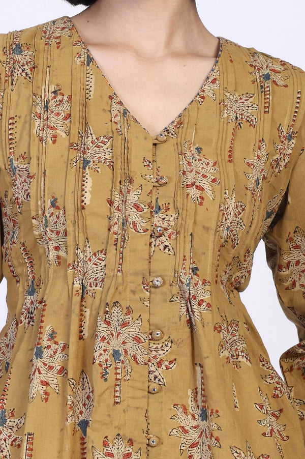 Yellow Botanical Kalamkari Print Mirror Work Straight Cotton Top