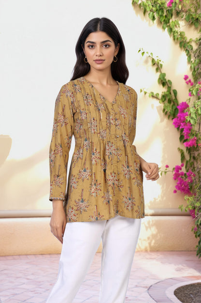 Yellow Botanical Kalamkari Print Mirror Work Straight Cotton Top