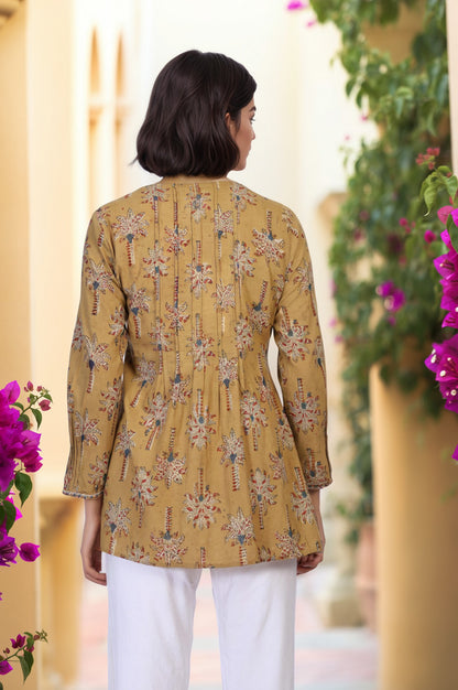 Yellow Botanical Kalamkari Print Mirror Work Straight Cotton Top