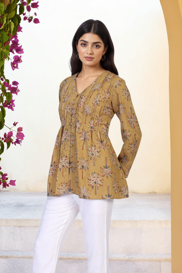 Yellow Botanical Kalamkari Print Mirror Work Straight Cotton Top