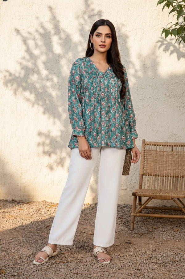 Green Floral Printed Flared Cotton Top