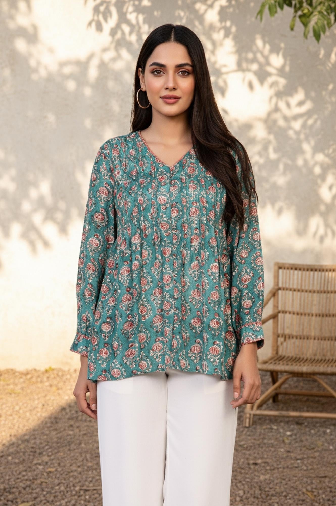 Green Floral Printed Flared Cotton Top