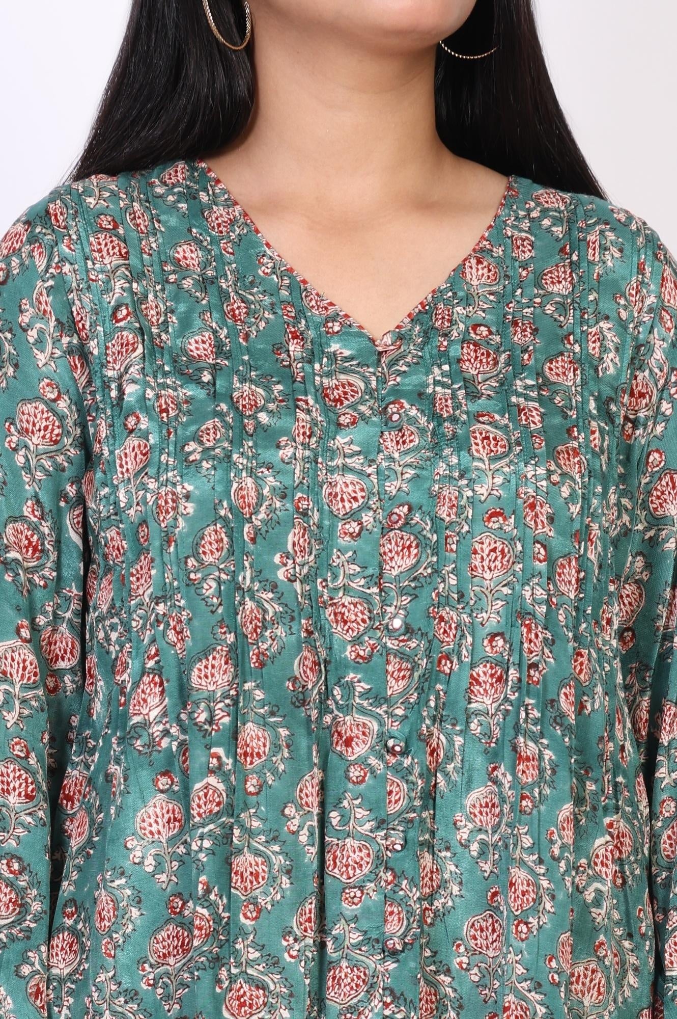 Green Floral Printed Flared Cotton Top