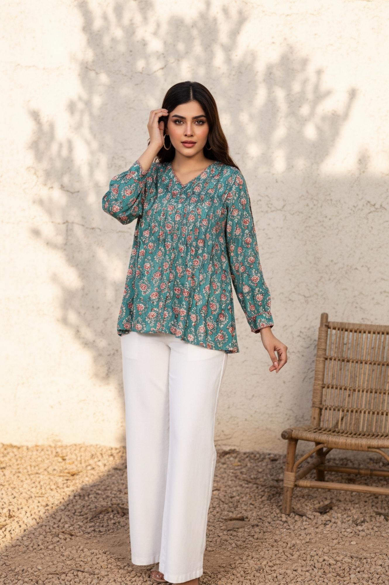 Green Floral Printed Flared Cotton Top