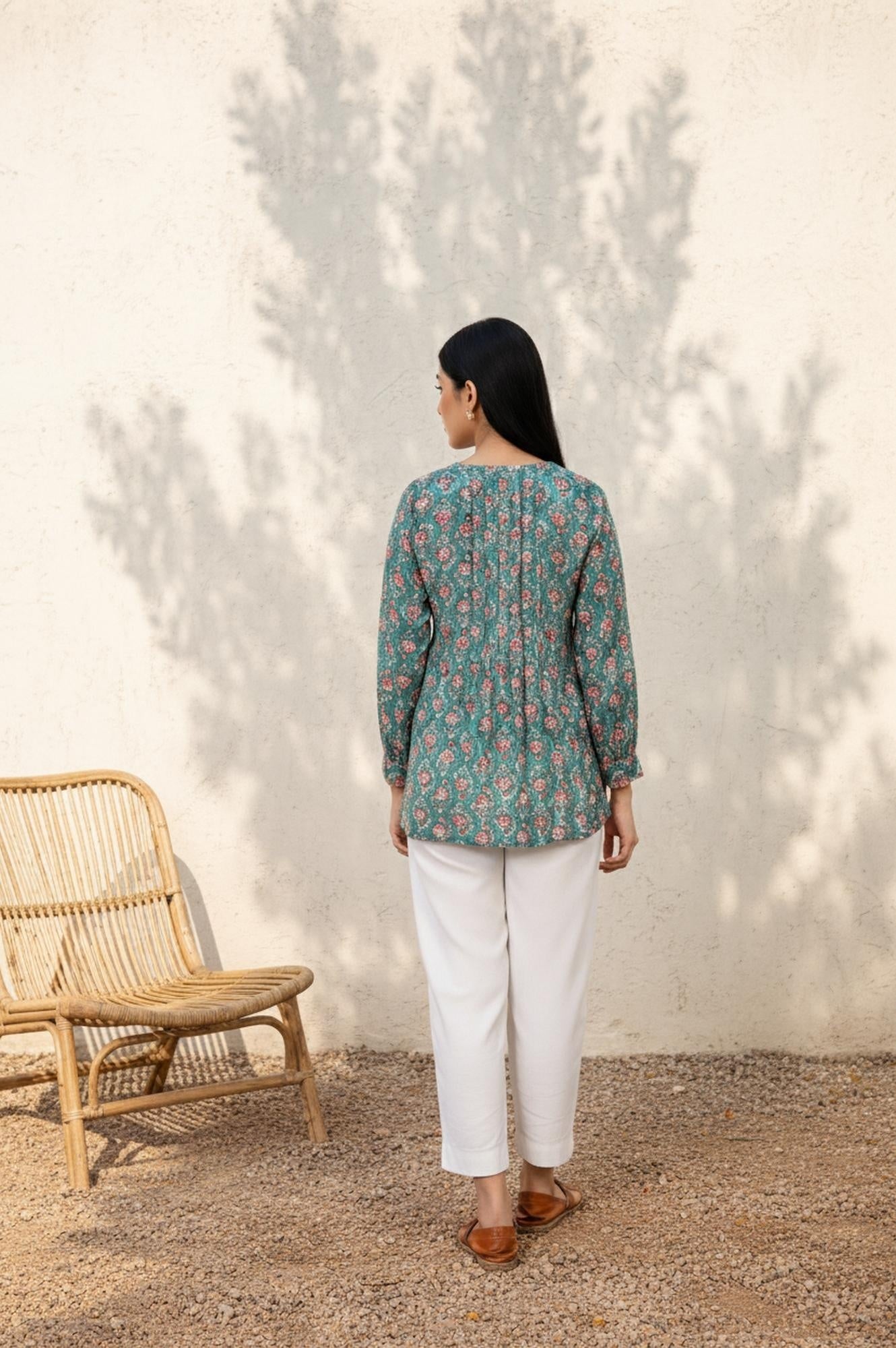 Green Floral Printed Flared Cotton Top