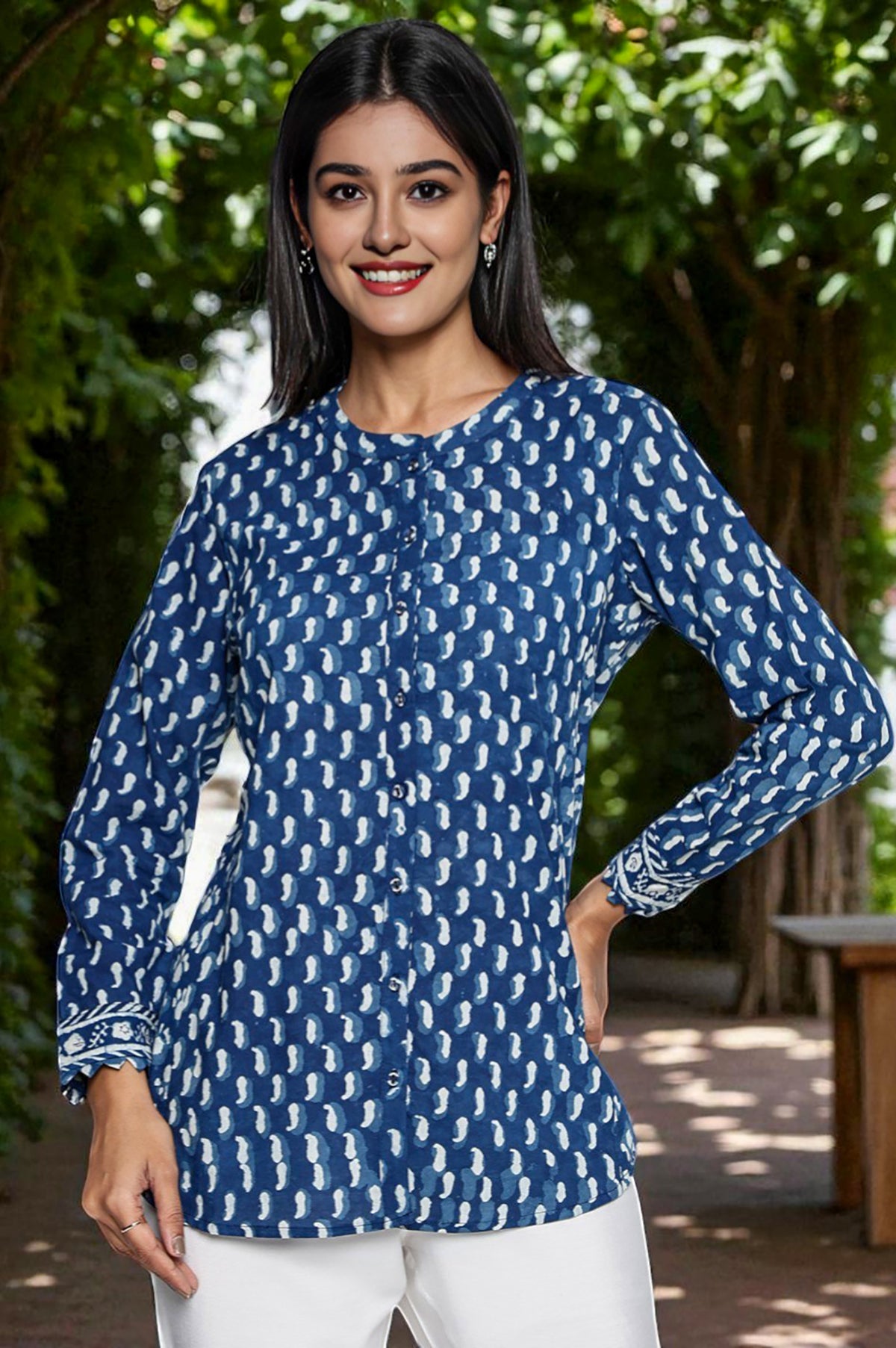 Indigo Printed Pure Cotton Straight Top - XS