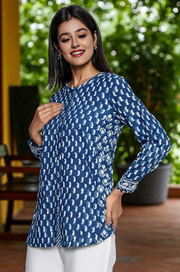 Indigo Printed Pure Cotton Straight Top
