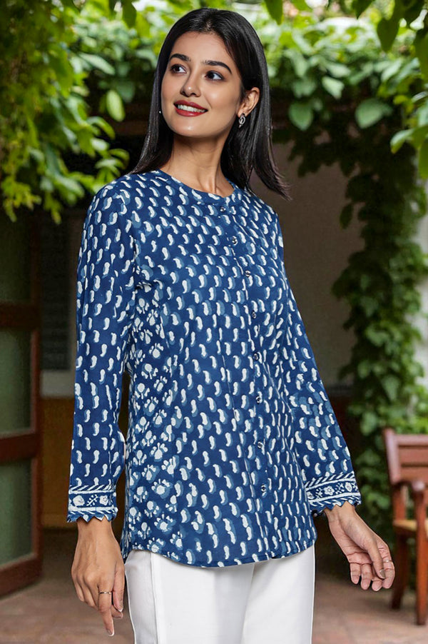 Indigo Printed Pure Cotton Straight Top