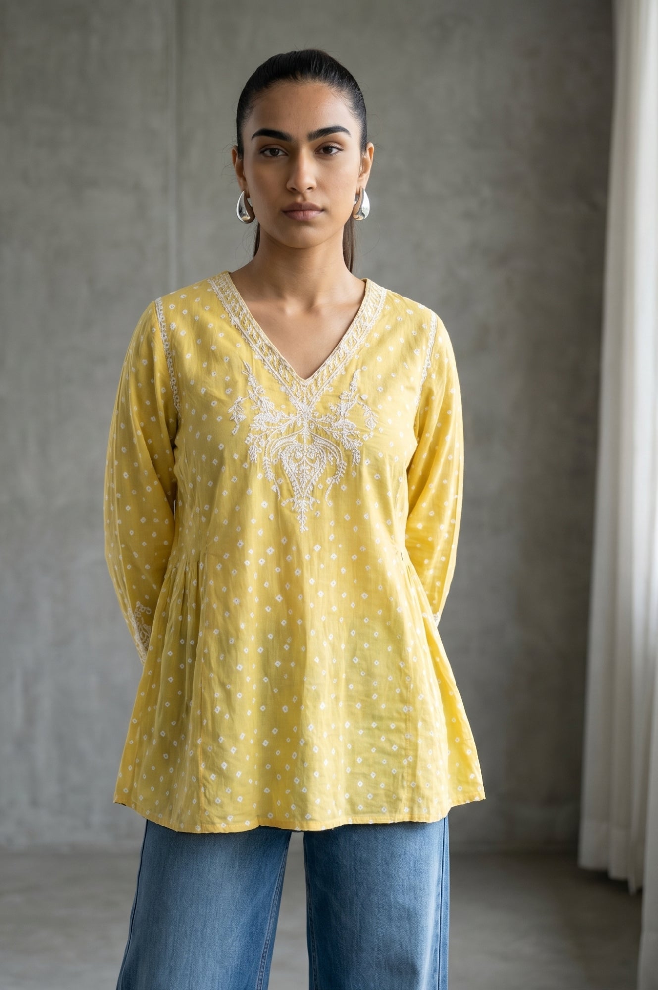 Yellow Bandhani Embroidered Pure Cotton A-line Top