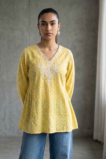 Yellow Bandhani Embroidered Pure Cotton A-line Top