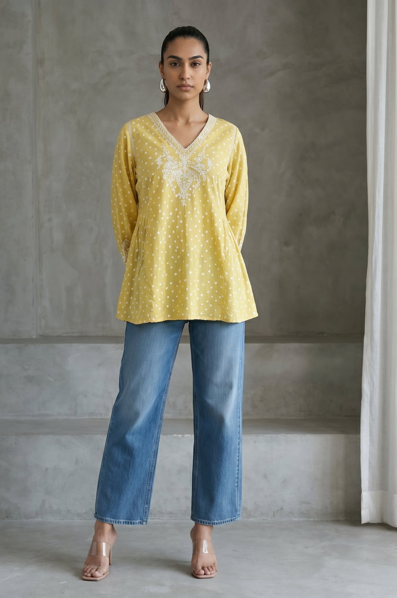Yellow Bandhani Embroidered Pure Cotton A-line Top