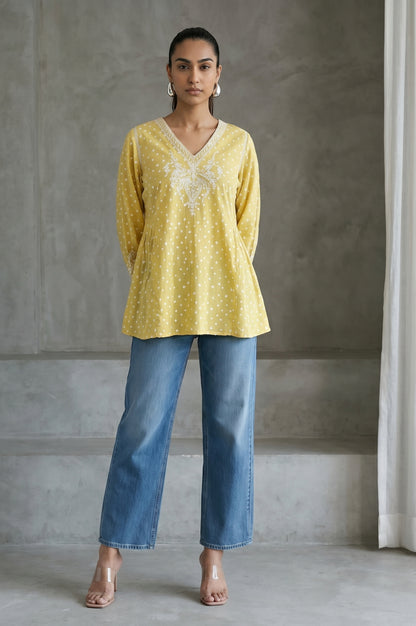 Yellow Bandhani Embroidered Pure Cotton A-line Top