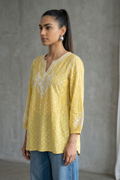 Yellow Bandhani Embroidered Pure Cotton A-line Top