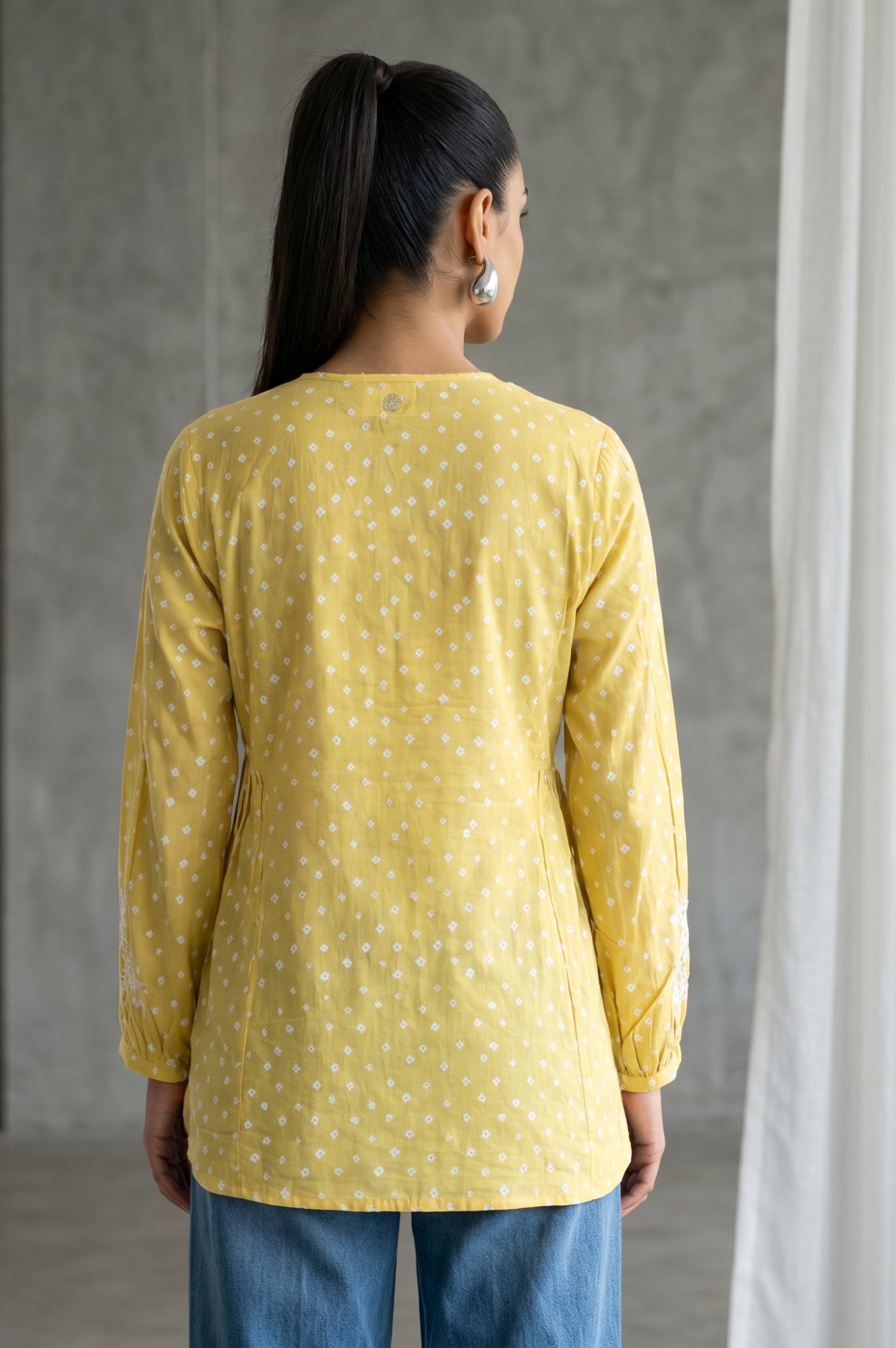 Yellow Bandhani Embroidered Pure Cotton A-line Top