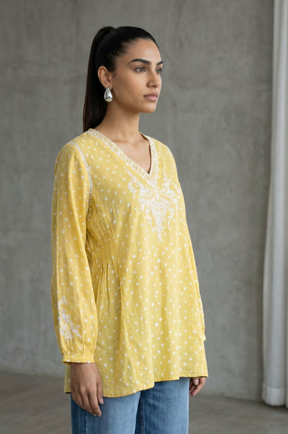 Yellow Bandhani Embroidered Pure Cotton A-line Top