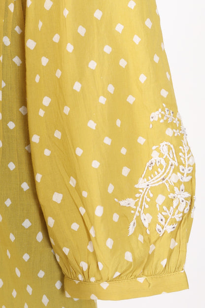 Yellow Bandhani Embroidered Pure Cotton A-line Top