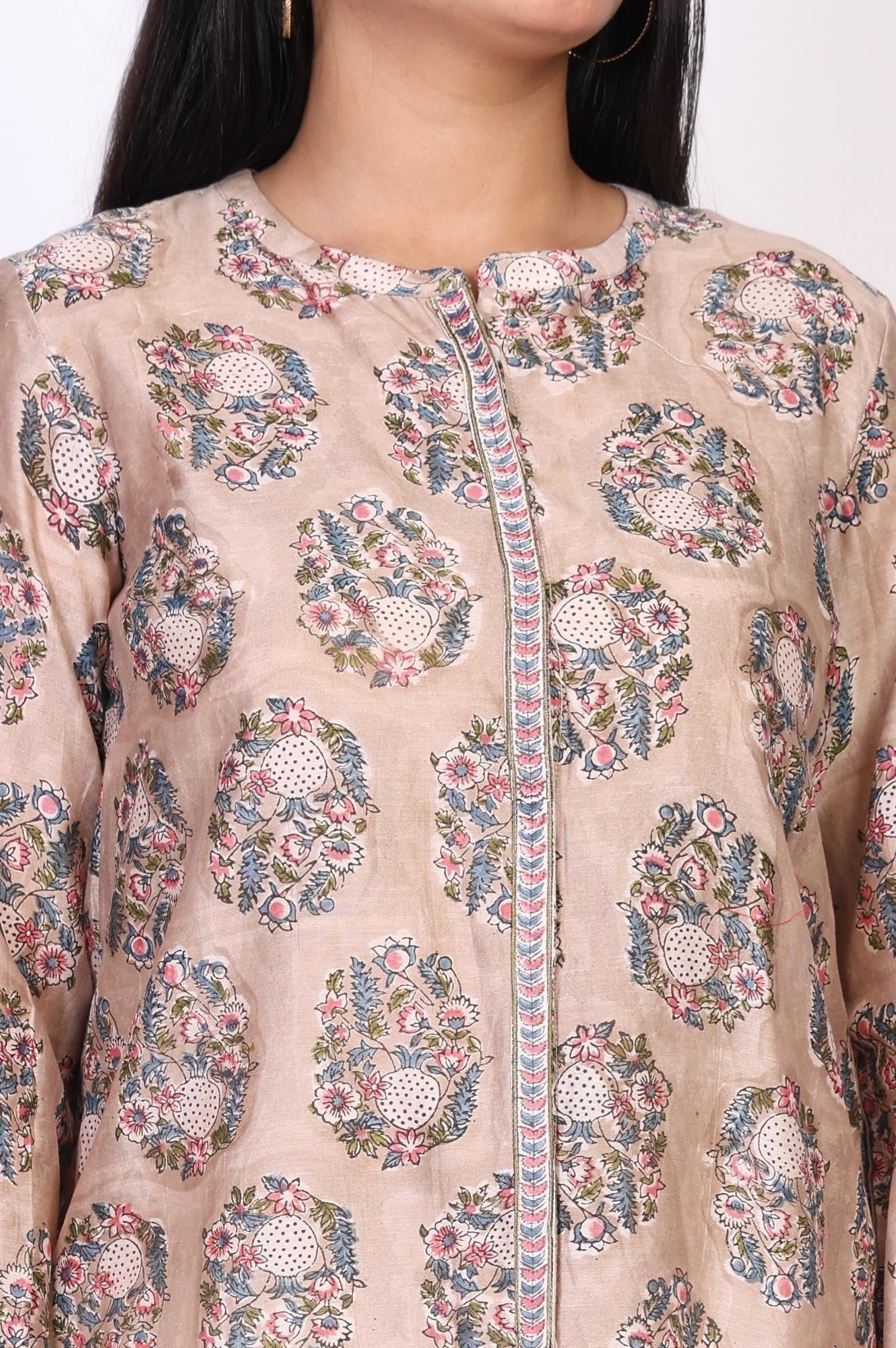 Beige Floral Printed Straight Cotton Top