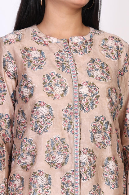 Beige Floral Printed Straight Cotton Top