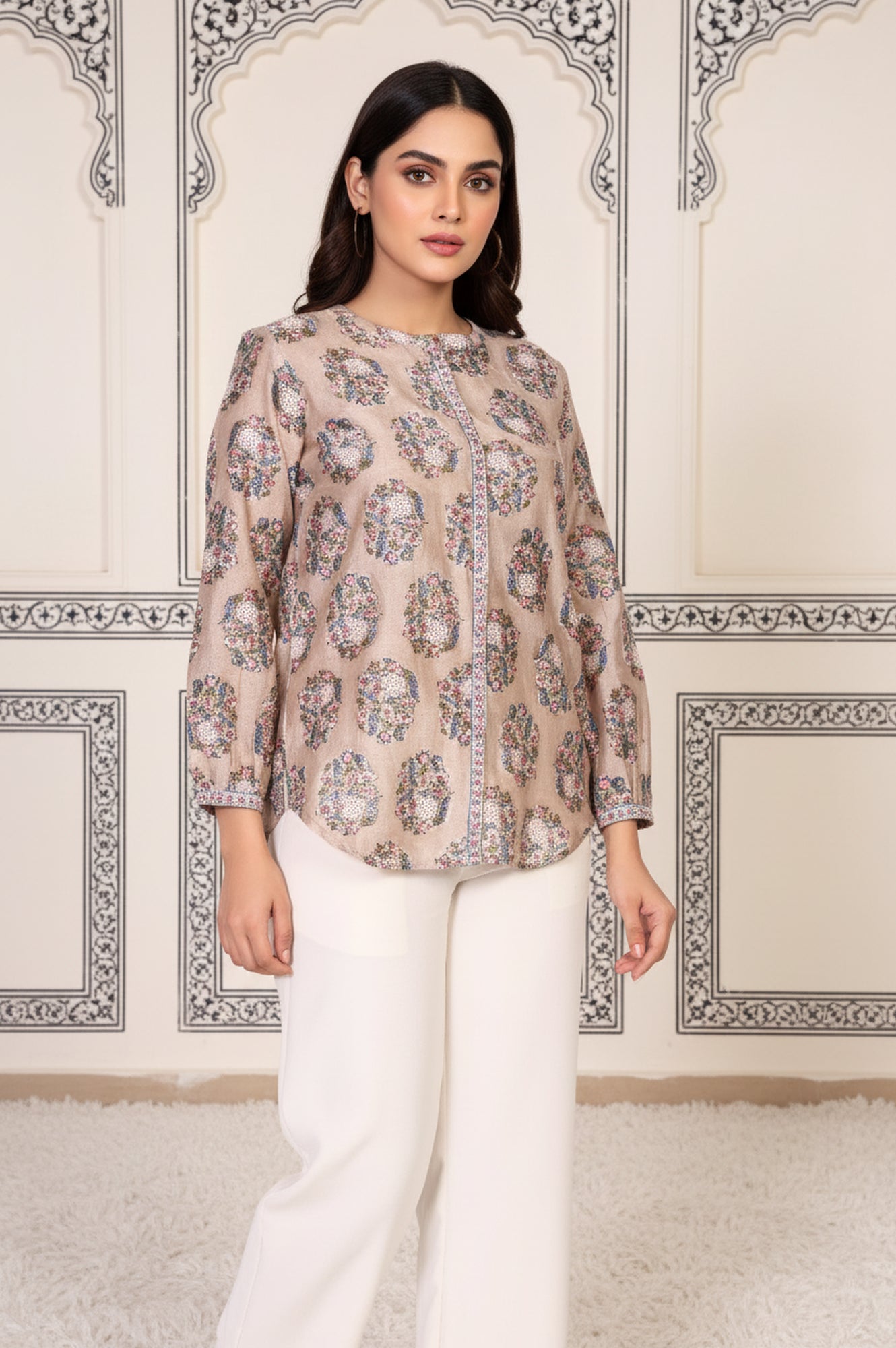 Beige Floral Printed Straight Cotton Top