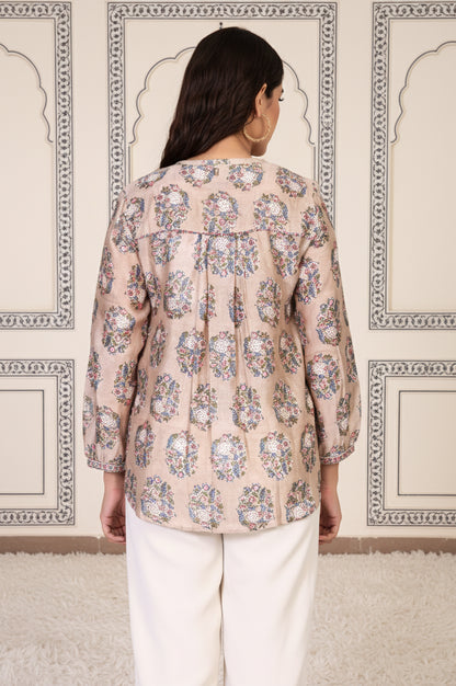 Beige Floral Printed Straight Cotton Top