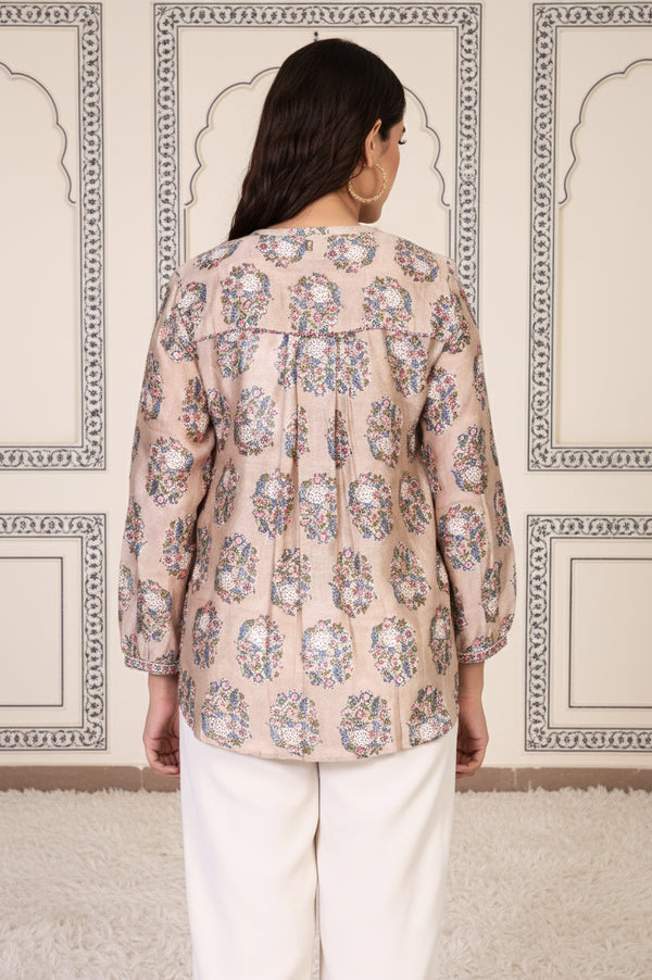 Beige Floral Printed Straight Cotton Top