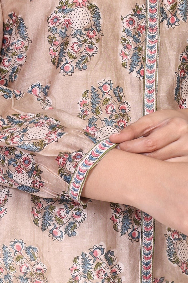 Beige Floral Printed Straight Cotton Top