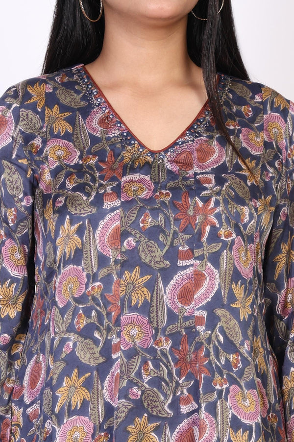 Blue Floral Thread Work Flared Modal Satin Top