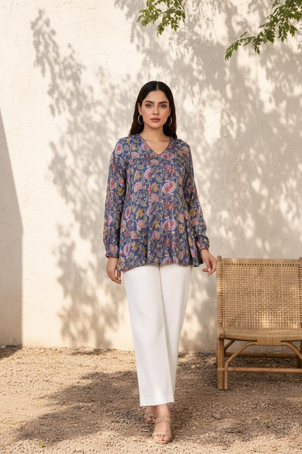 Blue Floral Thread Work Flared Modal Satin Top